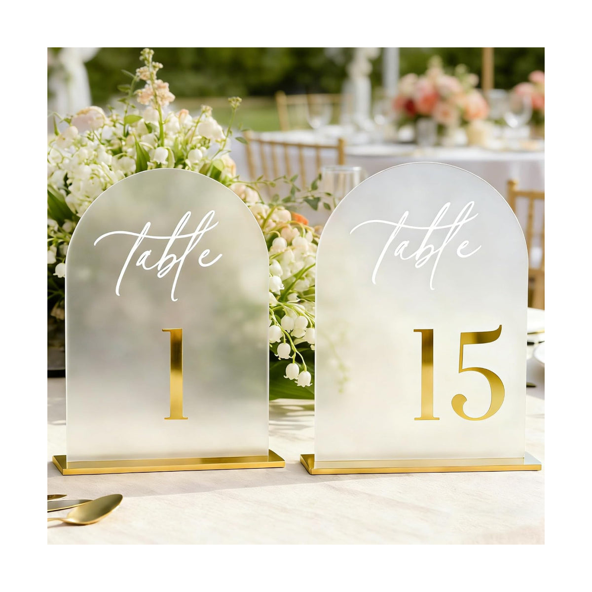 Frosted Wedding Table Numbers 1-15 with Stands - 5.5x7 Inch | Arch table Signs, Non-reflective, Elegant Gold 3D