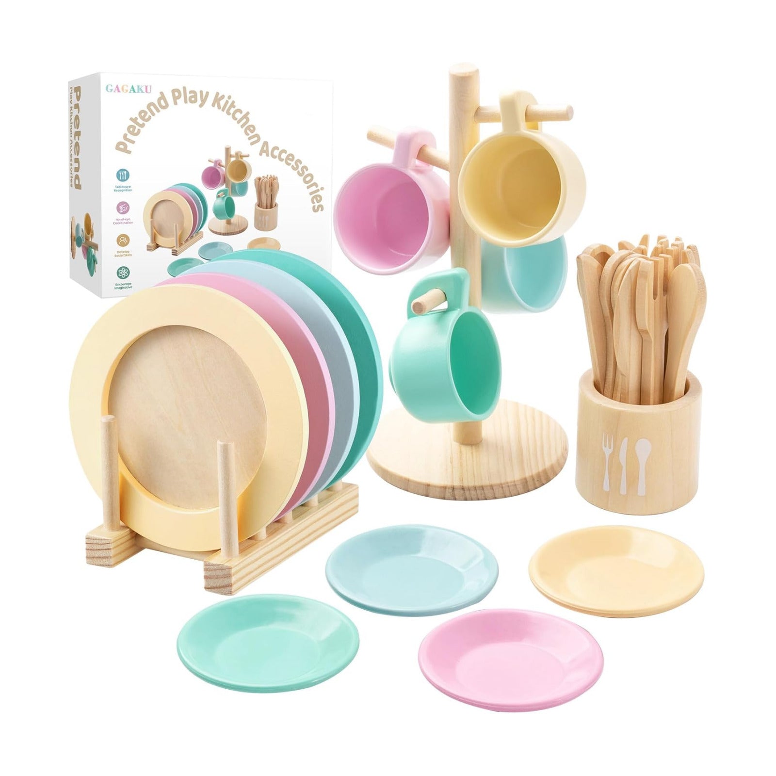 Storage Stand & / Kids Wooden Play Dishes Set / Macaron Colors with Stands-2 / Set of 27