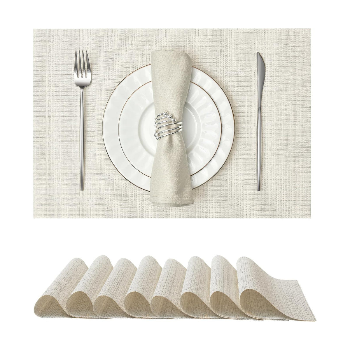 Leetaltree Woven Vinyl Placemats Set of 8,White and Silver | High Density，Stain Resistant, Easy to Clean, Washable