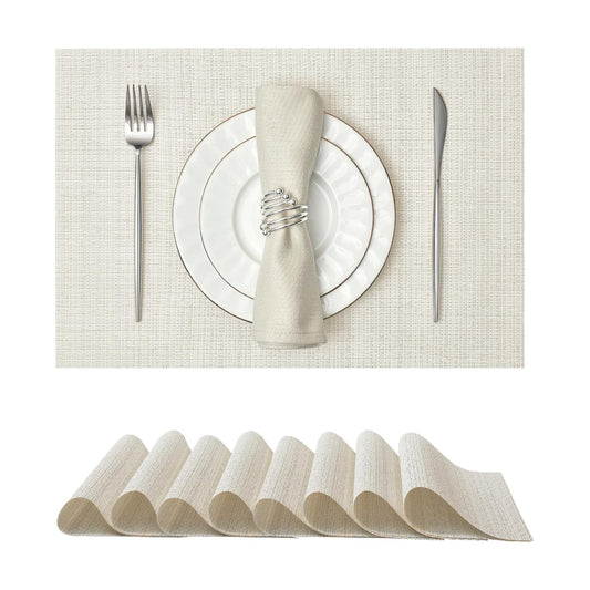 Leetaltree Woven Vinyl Placemats Set of 8,White and Silver | High Density，Stain Resistant, Easy to Clean, Washable