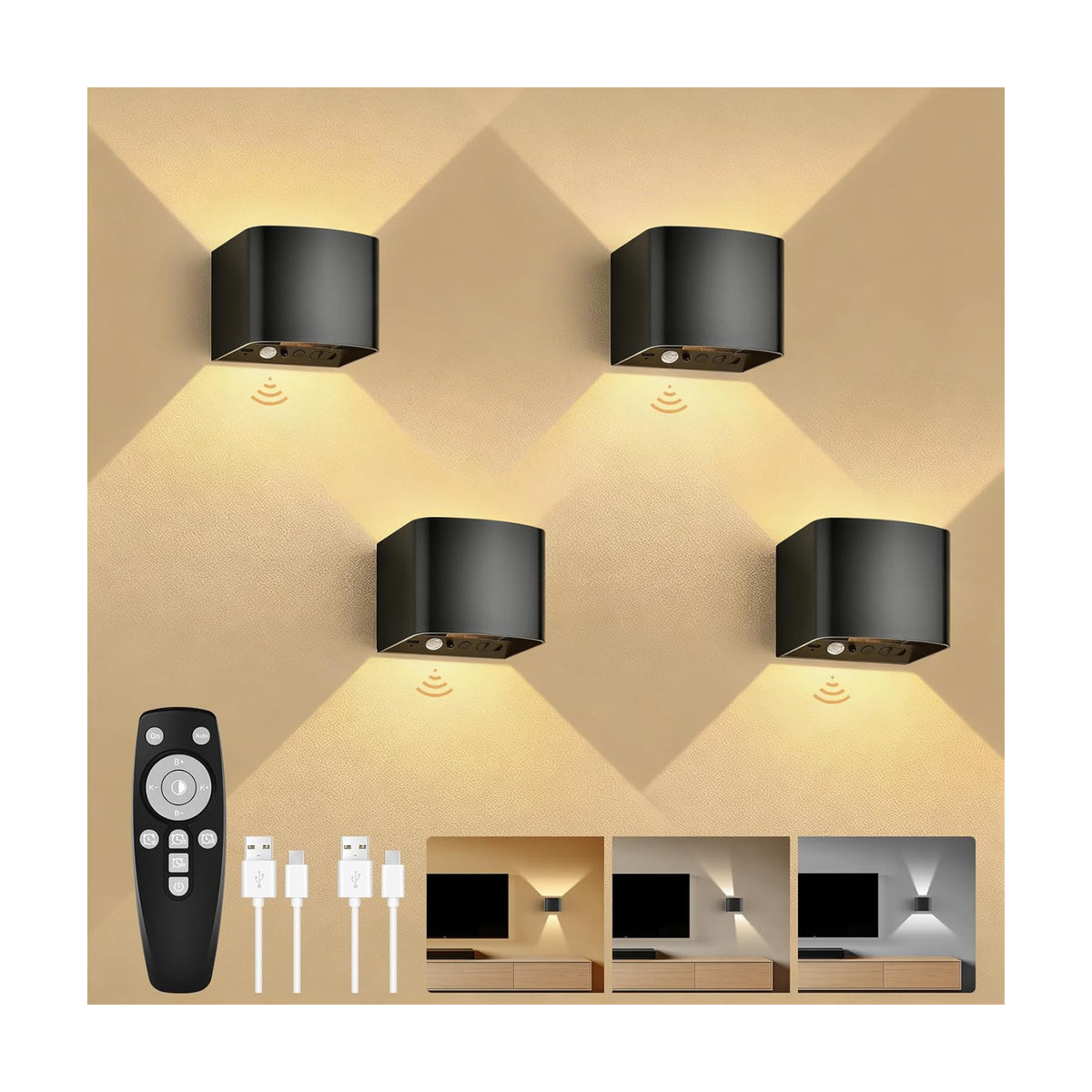 Rechargeable Motion Sensor Wall Lights, LED Wireless Sconces with Remote Control, 10-100% Dimmable 2700-6500K