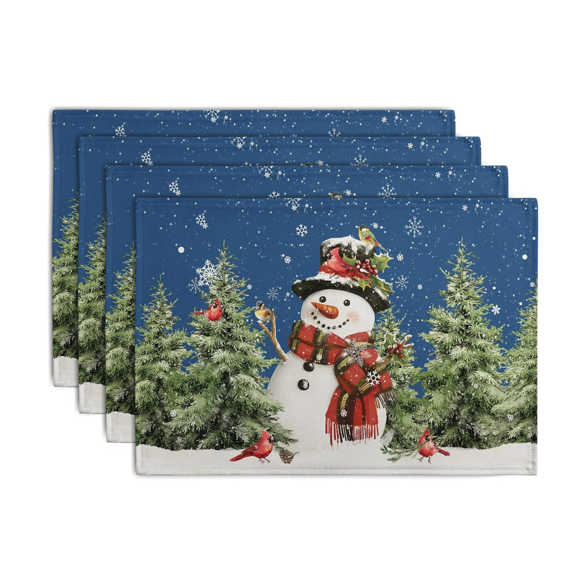 Blue Snowman Christmas Placemats Set of 4 Xmas Tree Cardinal Snowflakes Linen Table Mats Seasonal Winter Holiday Place Mats Washable Placemat for Party Kitchen Dining Outdoor Indoor Decor