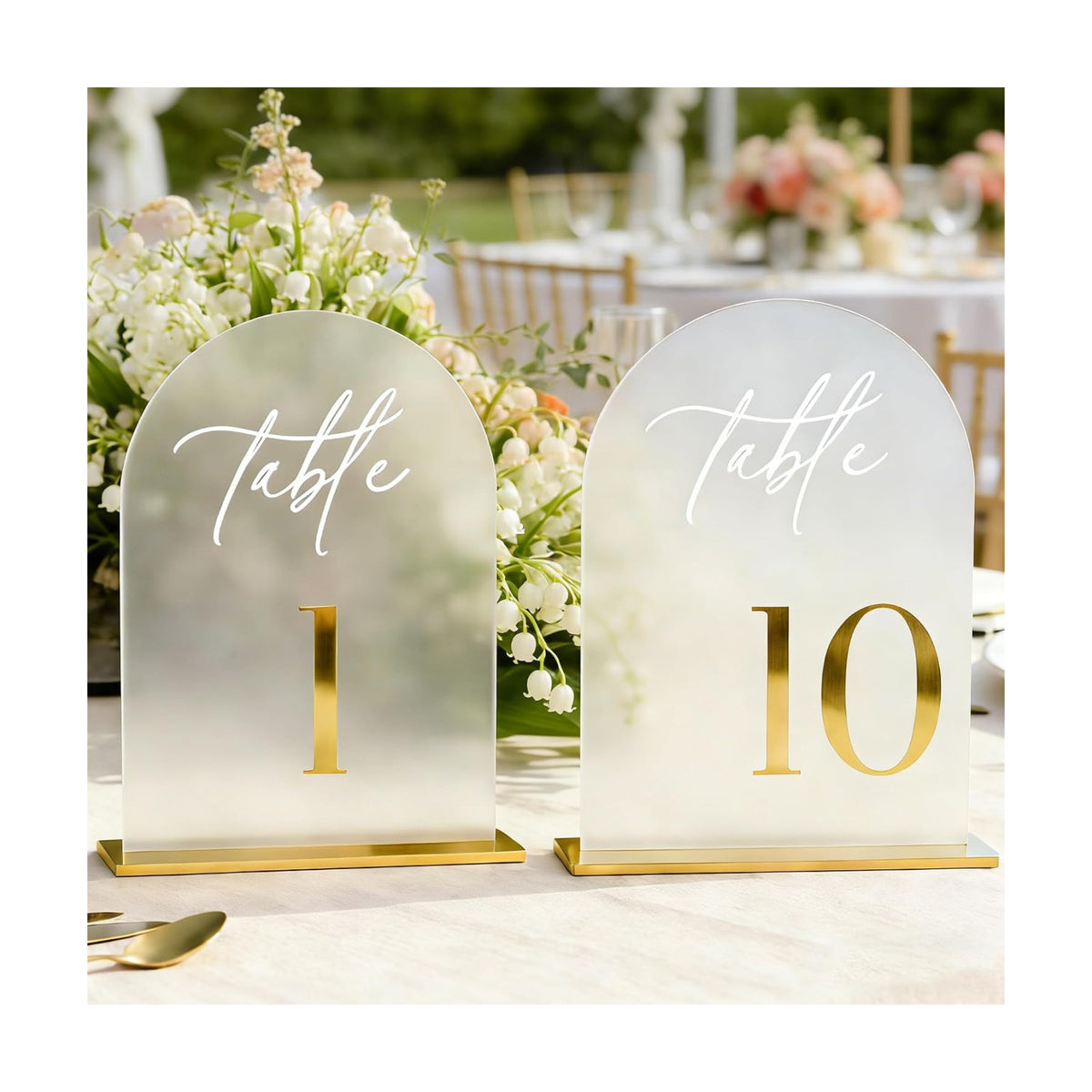 Frosted Wedding Table Numbers 1-10 with Stands - 5.5x7 Inch | Arch table Signs, Non-reflective, Elegant Gold 3D