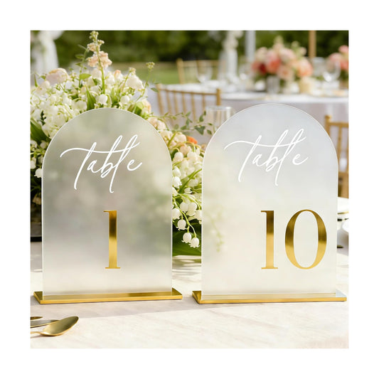 Frosted Wedding Table Numbers 1-10 with Stands - 5.5x7 Inch | Arch table Signs, Non-reflective, Elegant Gold 3D