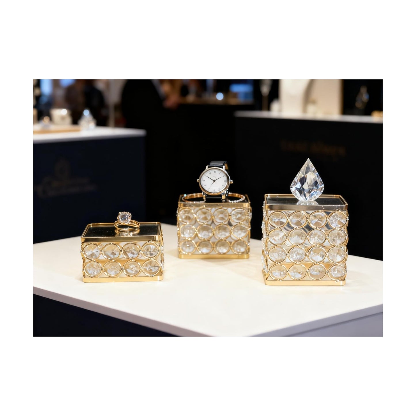 Crystal Jewelry Watch Display Stands Mirrored Risers Decorative Crystals Perfume / Gold / Set of 3