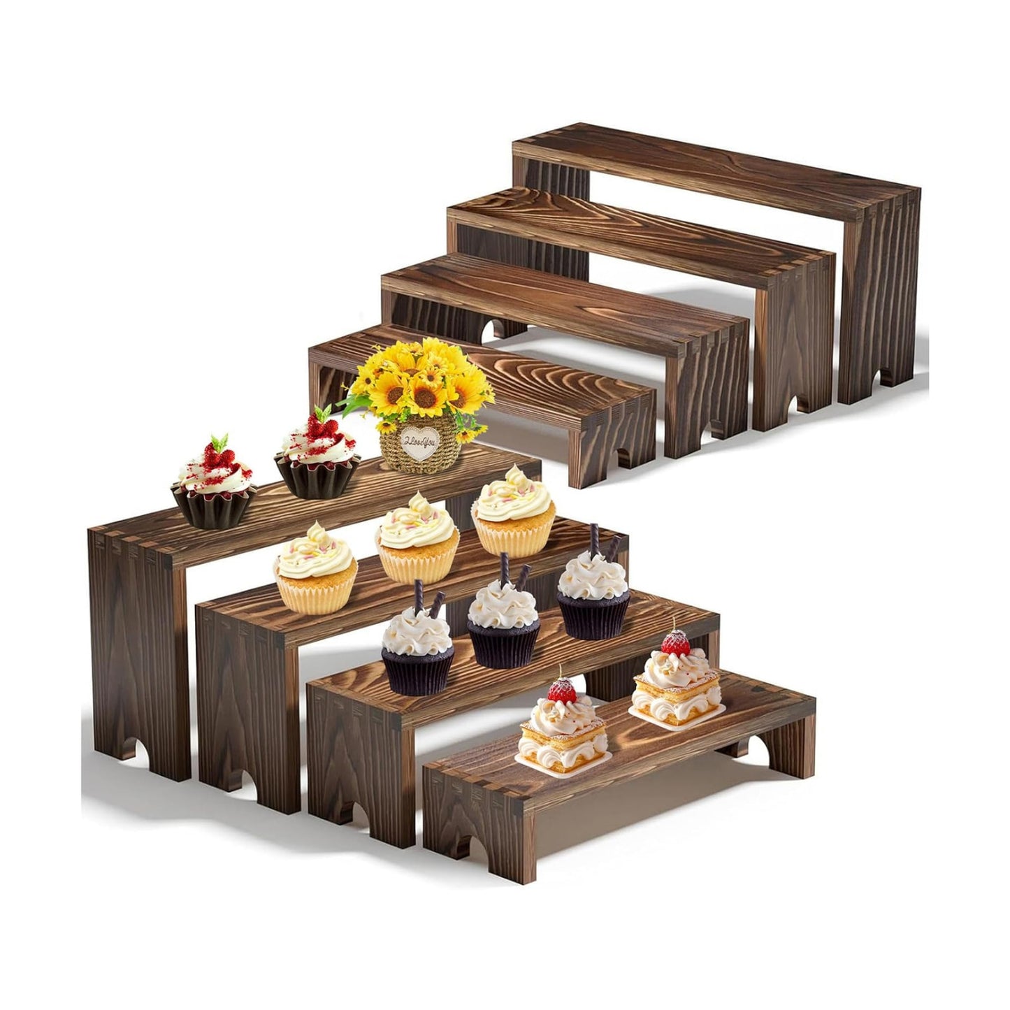Large Stackable Wooden Cupcake Stand Tiered Riser Display Stands for Vendor / Dark Brown / Set of 2