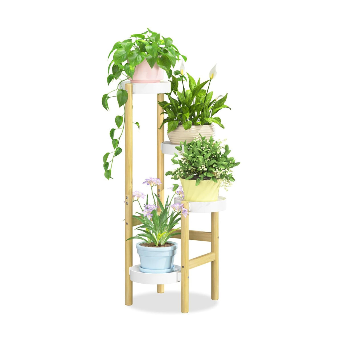 iDavosic.ly 4 Tier Bamboo Plant Stand Indoor Outdoor, Plastic Tray, White | Tiered Corner Flower Holder Shelf, Space