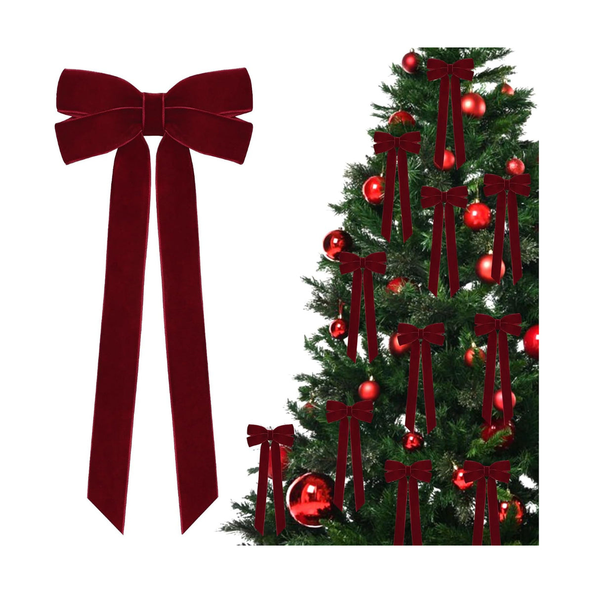 12Pcs Burgundy Velvet Ribbon Bows Christmas Tree Decorations,5in x 10in Xmas Ornaments for Tree Home Party Front Door Wreath Garland Holiday Decor