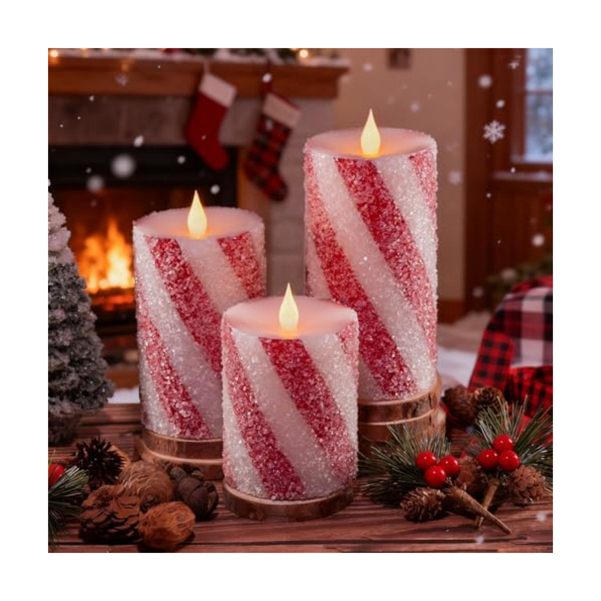 3 Pcs Christmas Candy Cane Stripe Flameless Candles, Real Wax Red &White Glitter Striped LED Pillar Candles with Battery Operated Flickering Flame for Xmas Party, Wedding, Home Decoration D3 x H4"5"6"