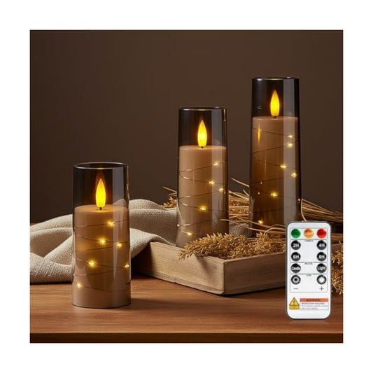 Raycare Flameless Battery Operated Pillar Candles with Remote Timer, Grey