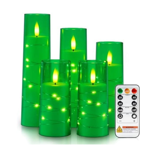 Raycare Flameless Battery Operated Pillar Candles with Remote Timer, Green