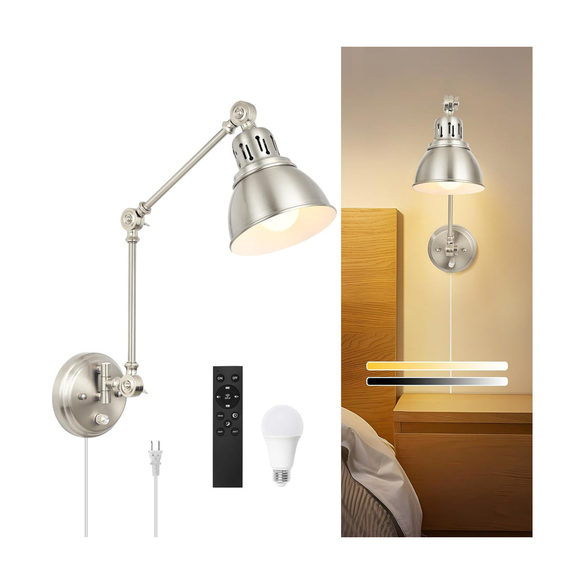 GOODATE 1 Pack Plug in Wall Sconce with Remote, Dimmable, Adjustable Colors, Swing Arm Wall Lamp, Plug in Wall Light