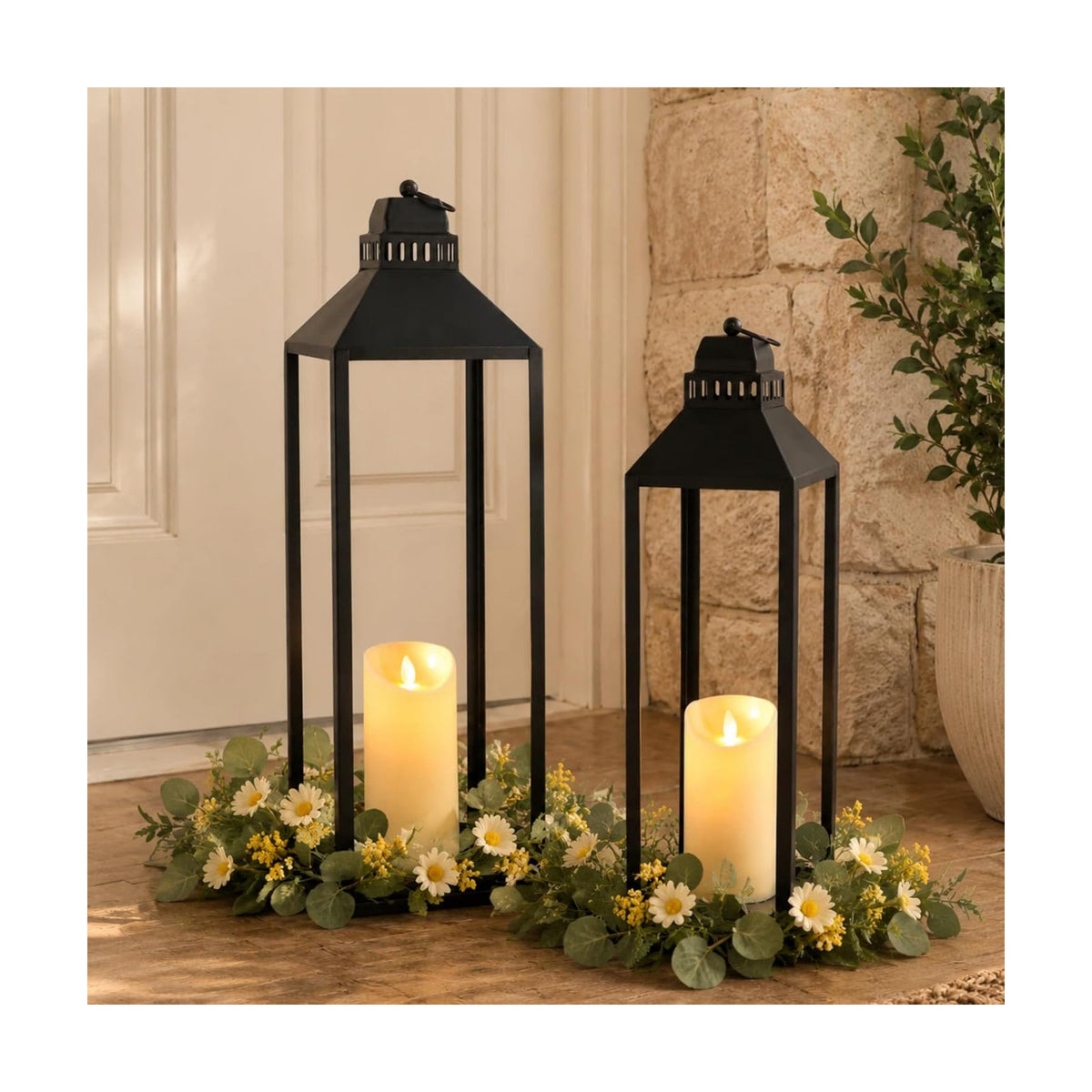 Large Lanterns Decorative Outdoor Indoor, 23" 19" Floor Lantern with Candle