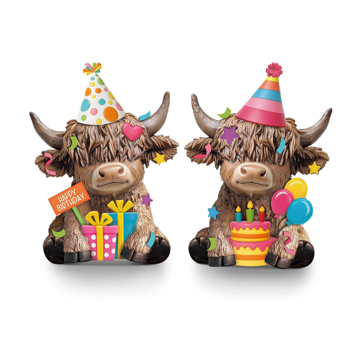 Karenhi 2 Pcs Highland Cow Figurines Resin Birthday Cake Topper Decor