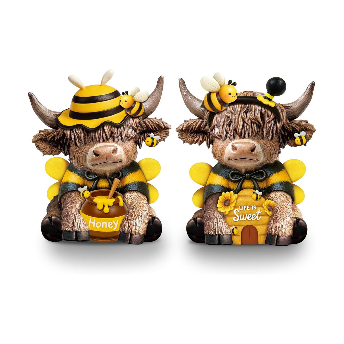 Karenhi 2 Pcs Highland Cow Figurines Resin, Bee Theme Honey Jar Decor