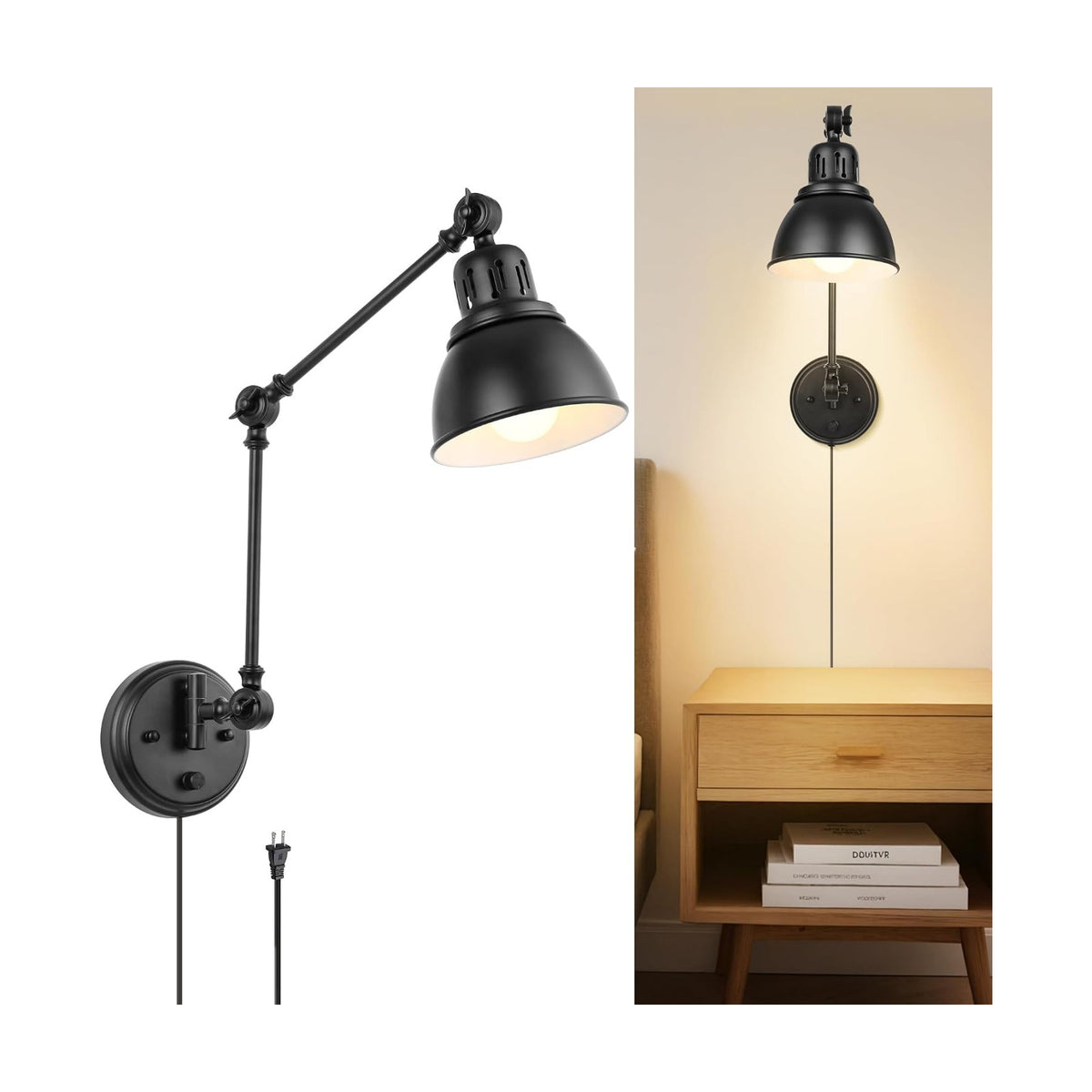 GOODATE 1 Pack Plug in Wall Sconce, Dimmable On Off Switch, Swing Arm Wall Lamp, Black Metal Industrial, Plug in Wall