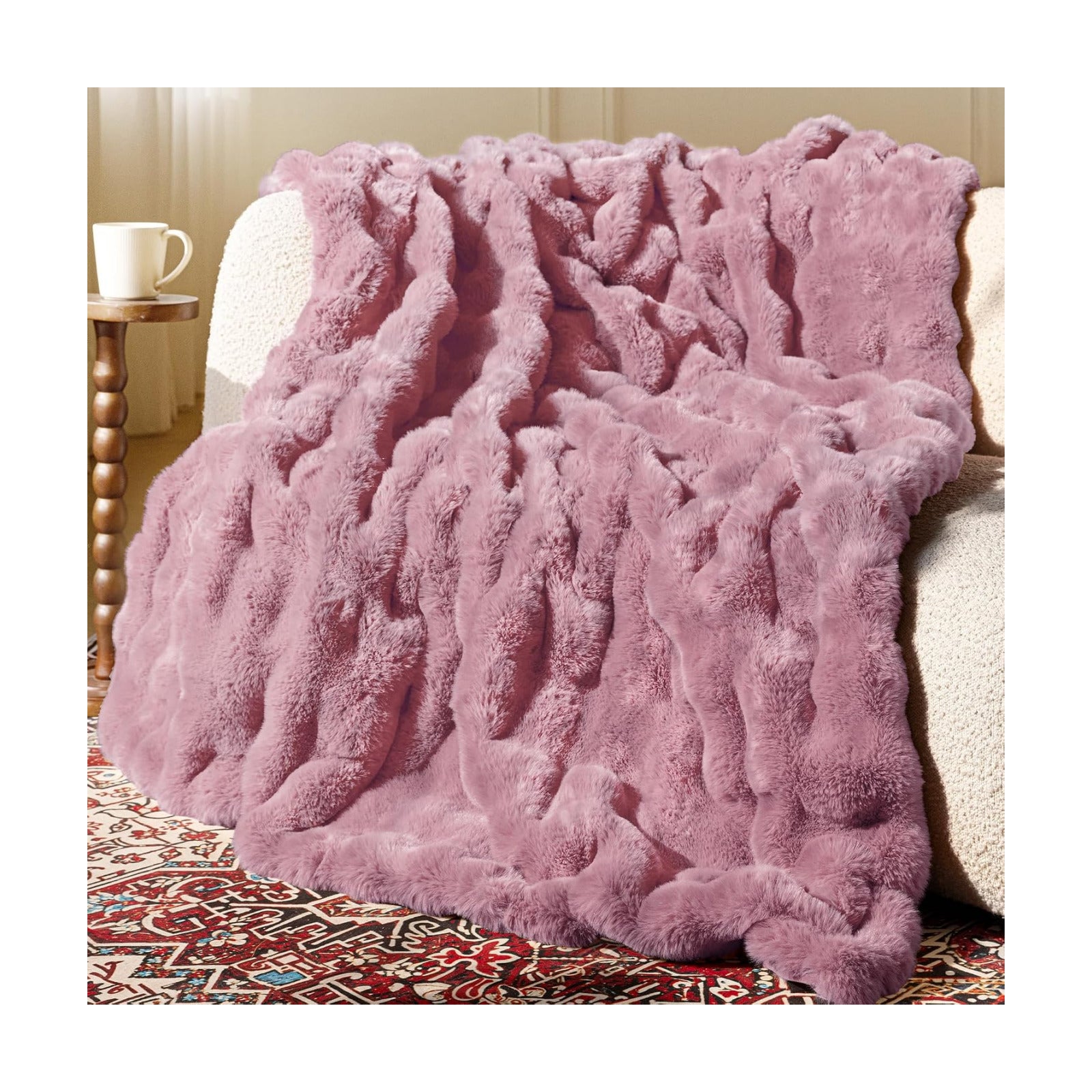 Ultra Soft Cozy Faux Fur Throw Blanket, Fuzzy Plush Thick Bubble Blanket, Oversize Luxury Fluffy Blanket for Couch