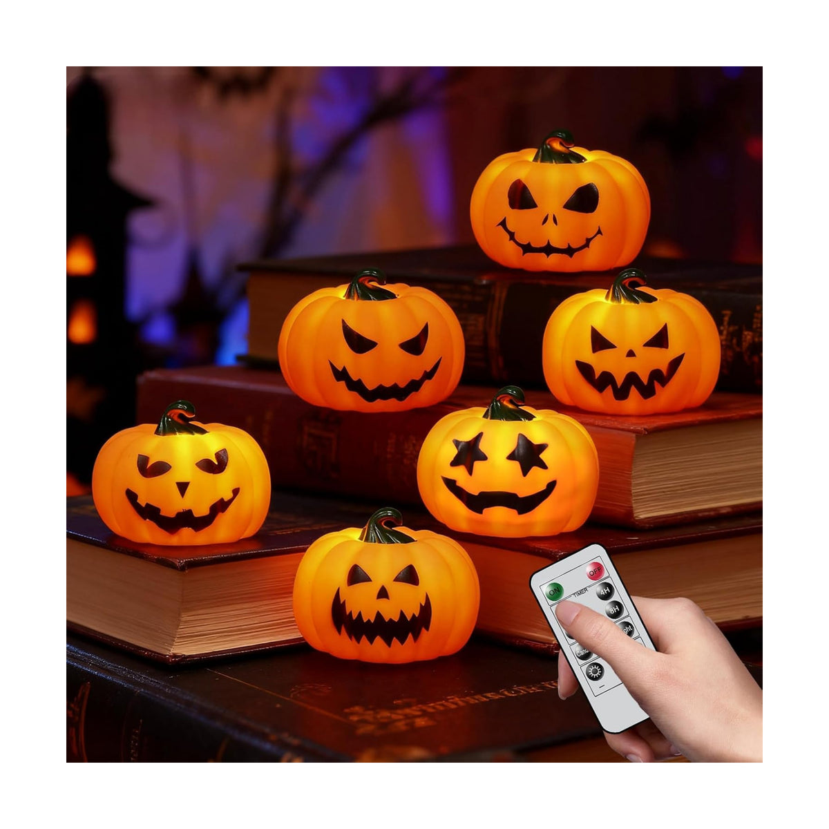Wondise 6Pack Halloween Pumpkin Tea Lights with Remote and Timer | Battery Operated LED Orange Jack-O-Lantern Candles