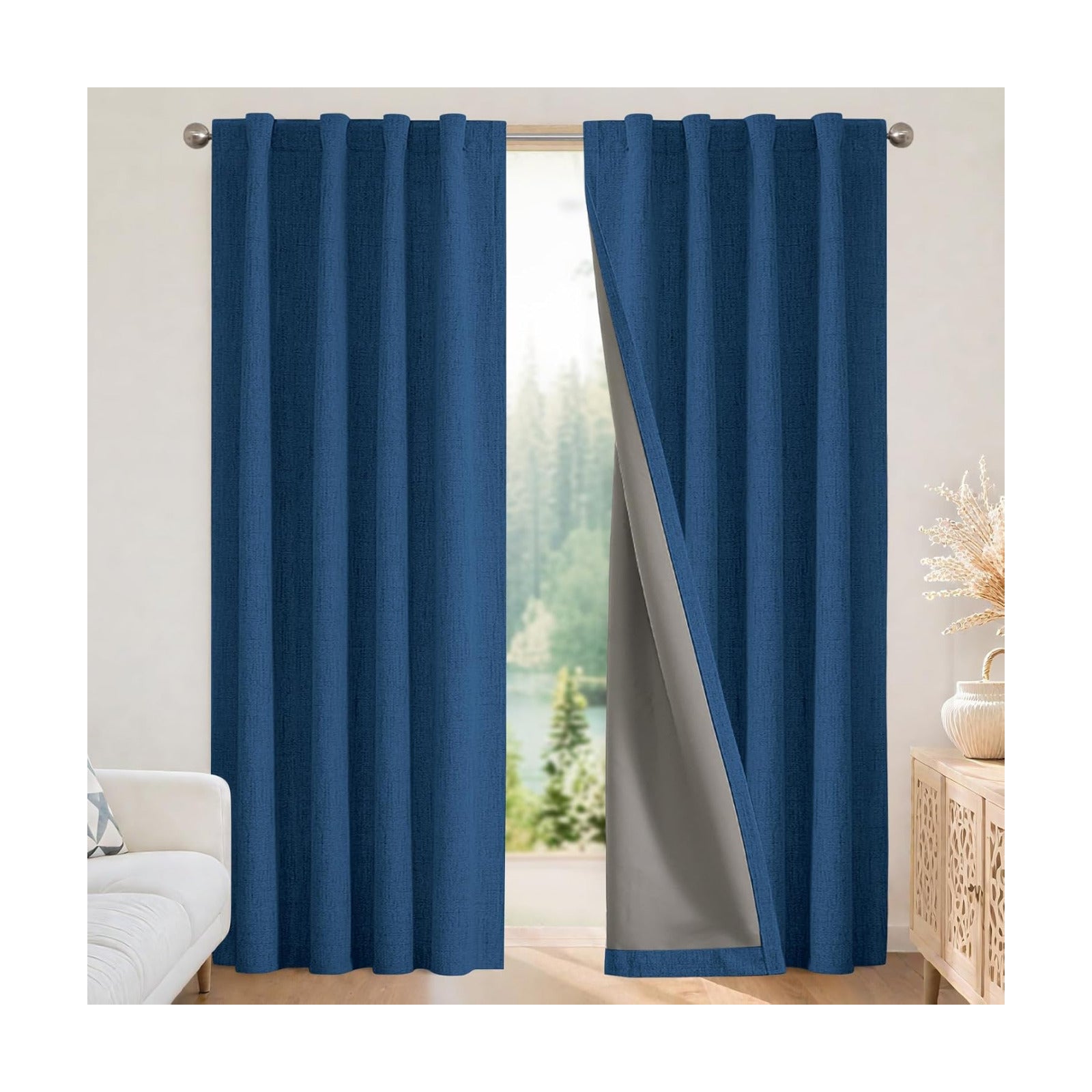 Joydeco Linen Blackout Curtains for Bedroom - 100% Light Blocking 1 Panels, Navy Blue Drapes 70" W x 108" L, Thermal