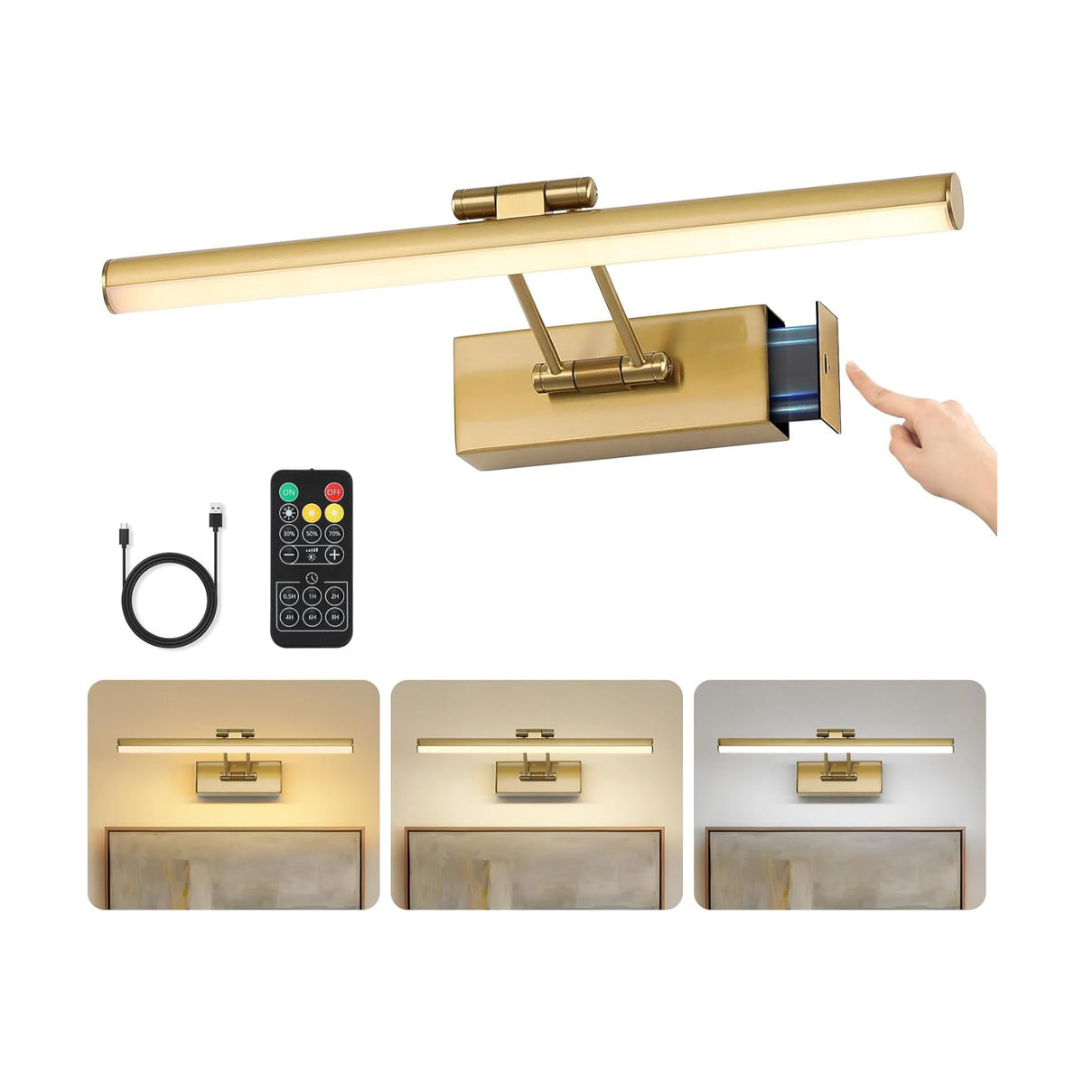 JUSHENG Picture Lights for Wall Battery Operated, Brass 3CCT Dimmable Gallery Light with Detachable Battery and Timer