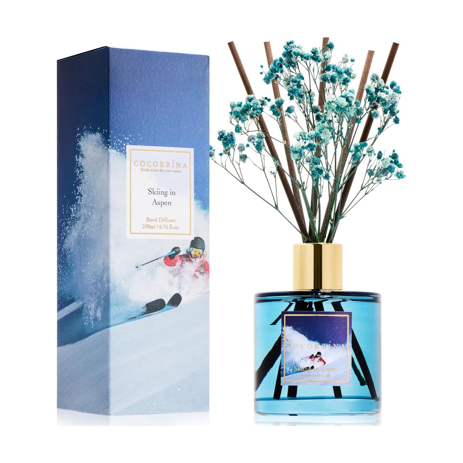 COCORRÍNA Reed Diffuser - Skiing in Aspen Reed Diffuser Set with 8 Sticks & Preserved Baby's Breath, Reed Diffuser for
