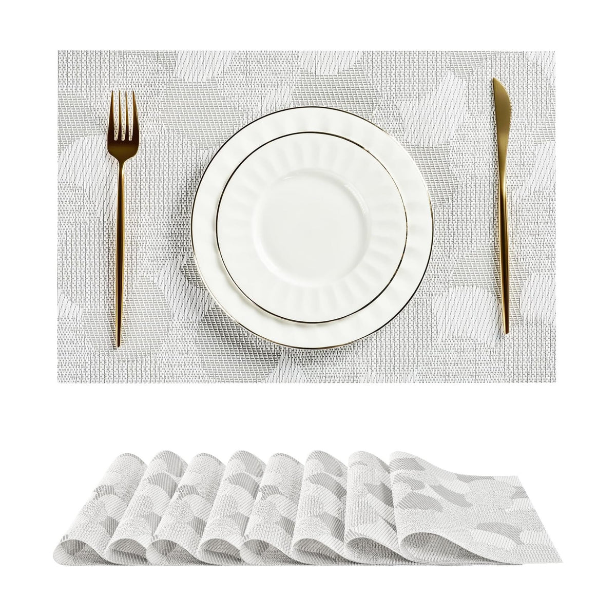 Leetaltree Woven Vinyl Placemats Set of 8,White Ball | Waterproof & Washable Dining Table Mats for Wedding