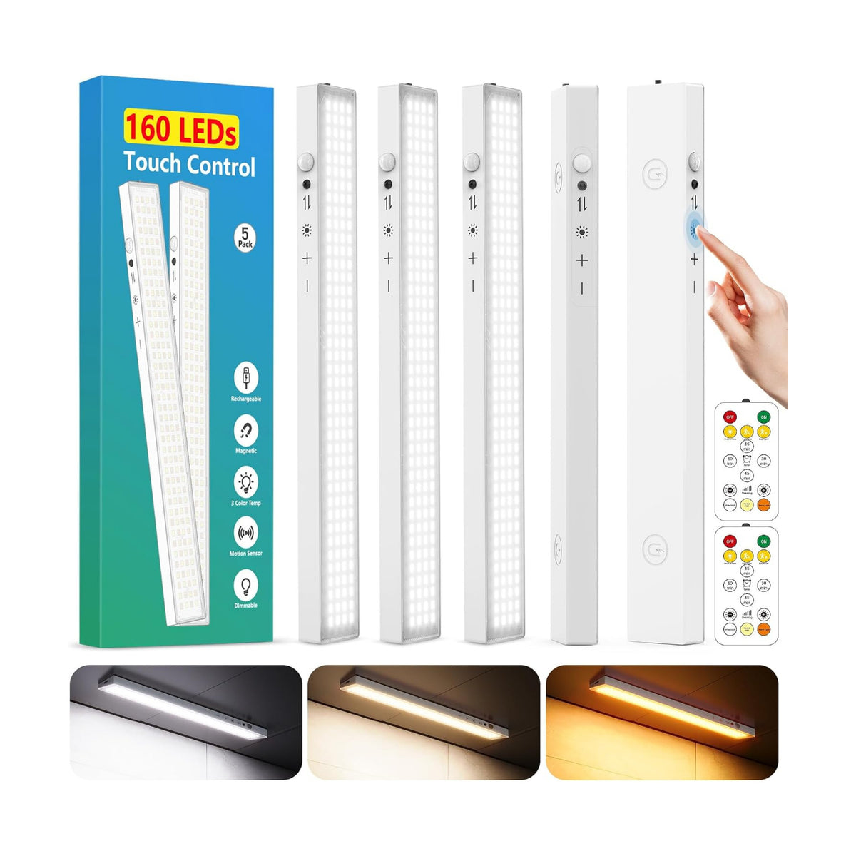 12" Under Cabinet Lights Wireless Rechargeable, Motion Sensor, 5Pack, White | Touch & Remote Control丨160 bright