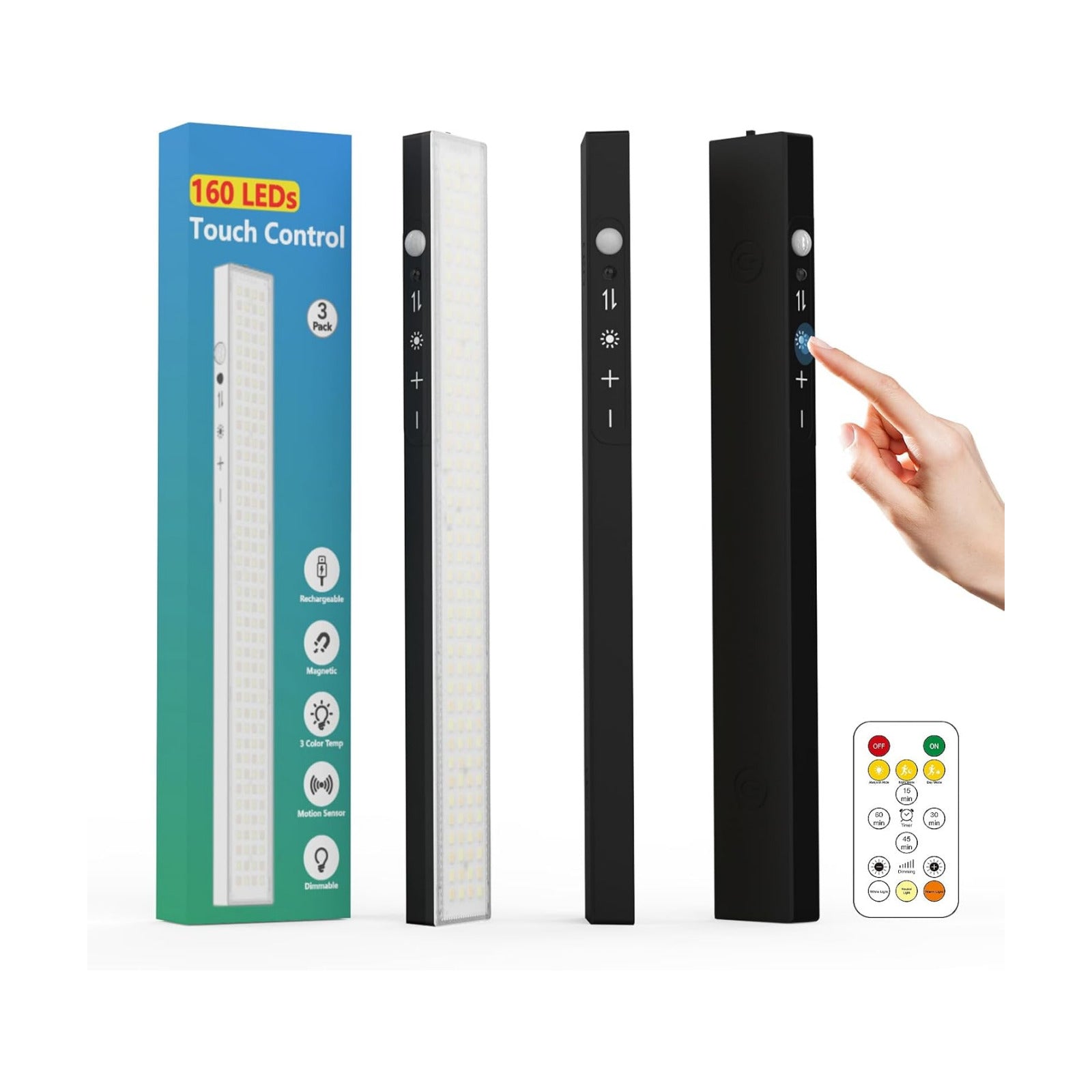 12" Under Cabinet Lights Wireless Rechargeable, Motion Sensor, 3Pack, Black | Touch & Remote Control丨160 bright