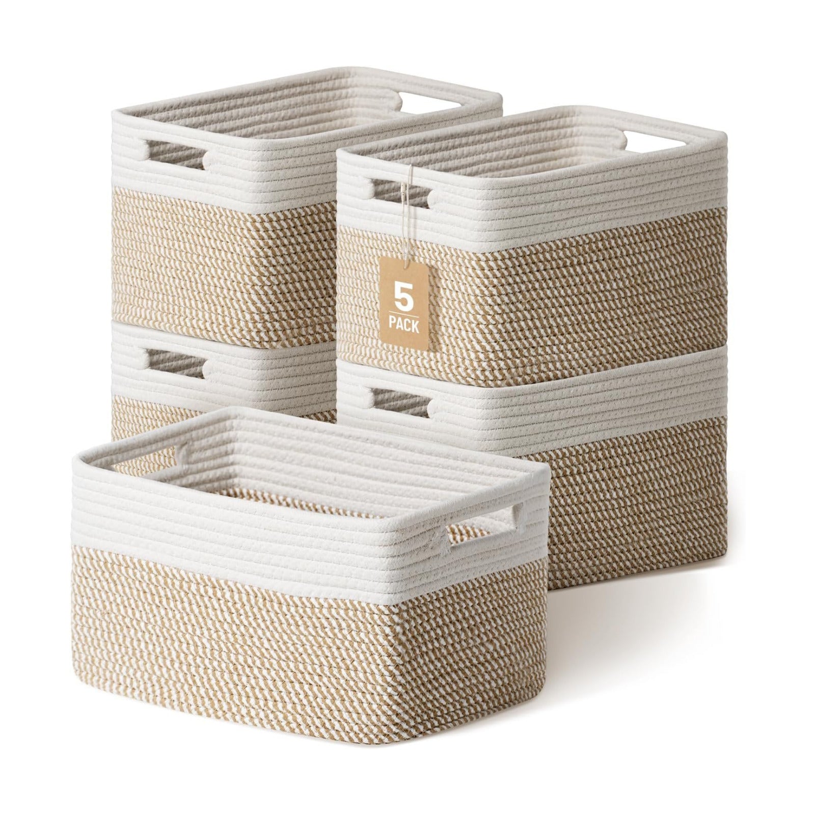 Woven Storage Baskets / Khaki & White / Set of 5