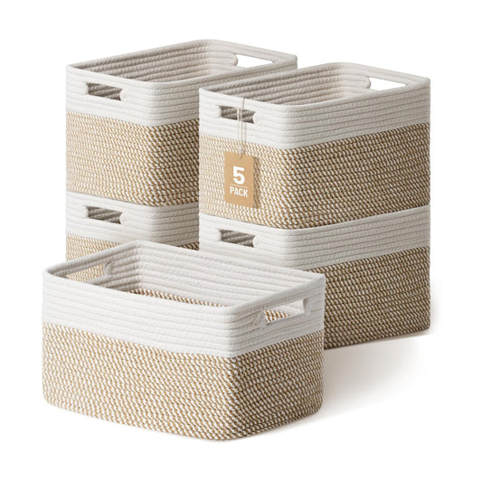 Woven Storage Baskets / Khaki & White / Set of 5