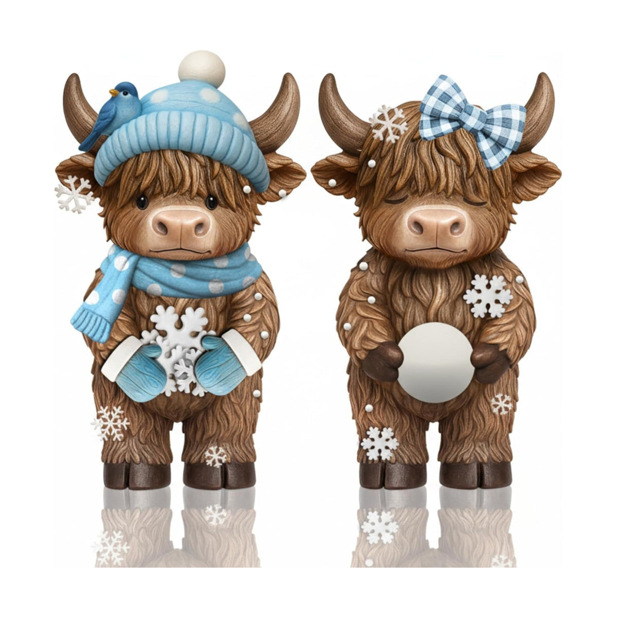 Simgoing 2 Pack Winter Highland Cow Figurines Snowflake Highland Cow Tabletop Decorations Calf Lovers Gifts for Home Centerpieces Holiday Ornament Gifts