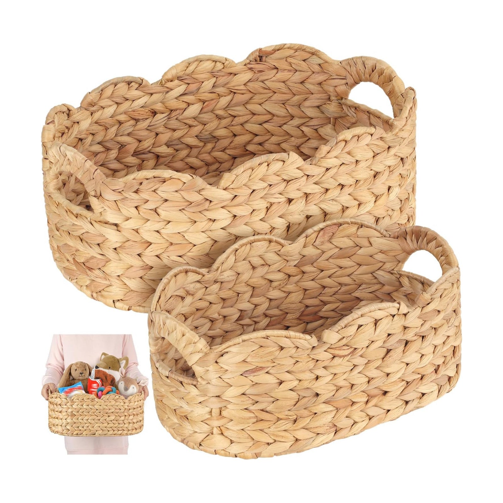 Scalloped Baskets / Storage Basket / Oval Hyacinth / Natural / Set of 2