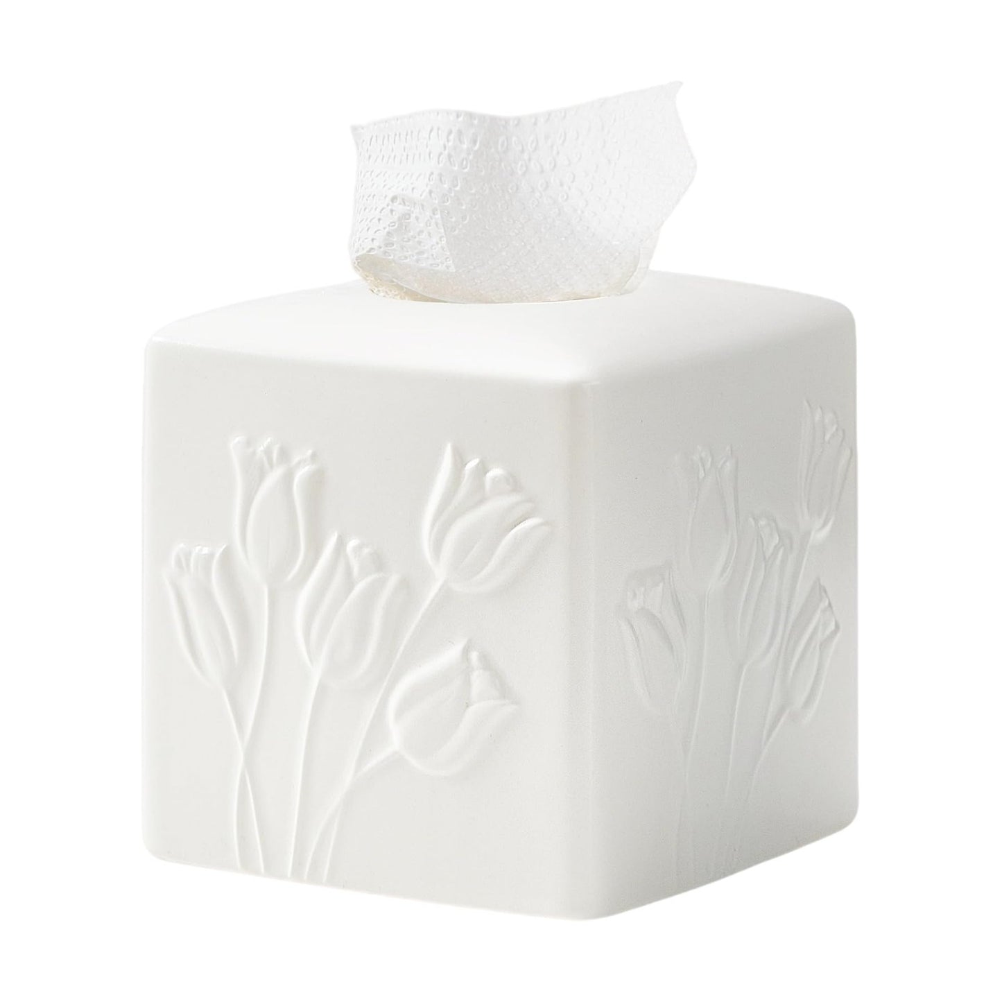 Ceramic Tulips Tissue Box Cover / White / Large