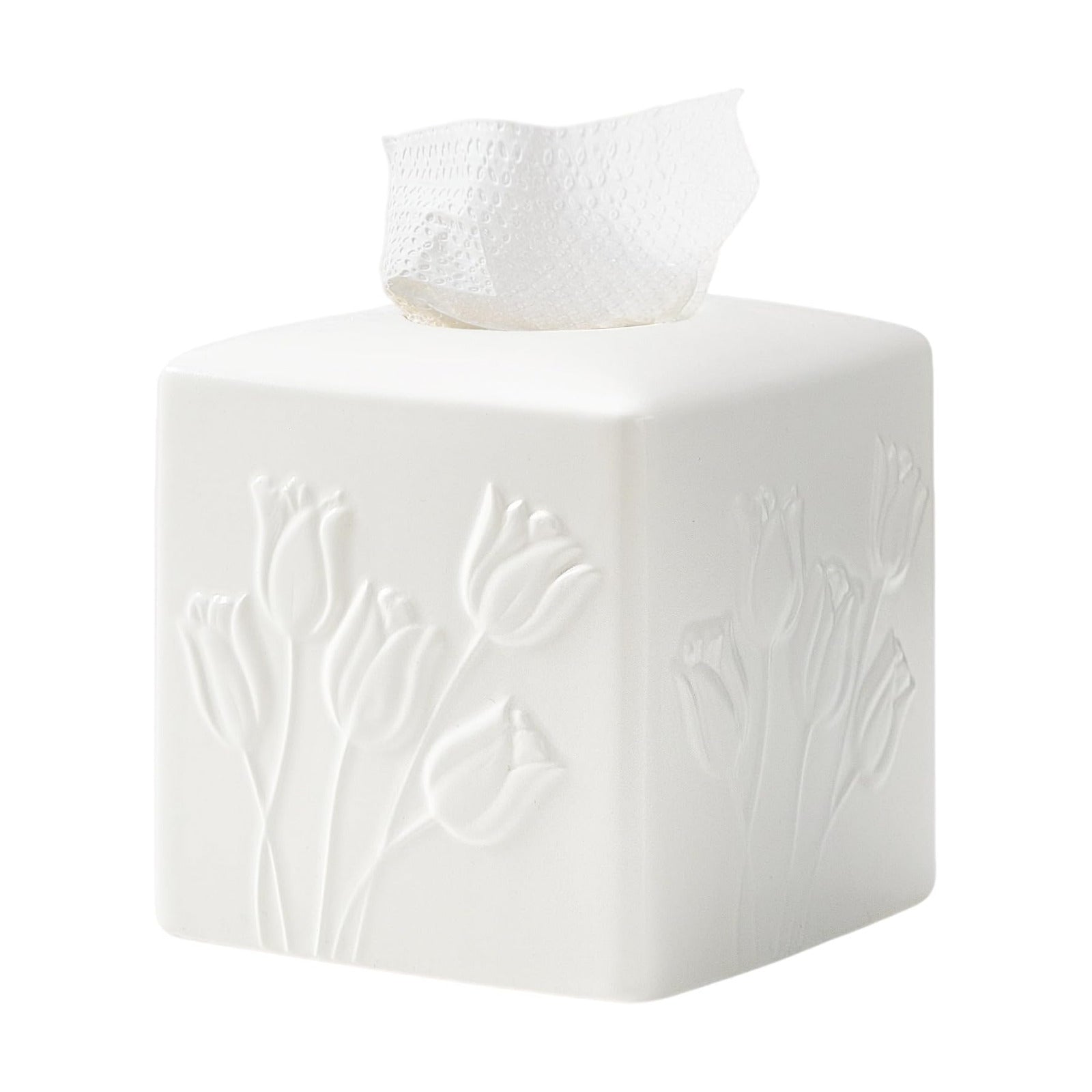 Ceramic Tulips Tissue Box Cover / White / Large