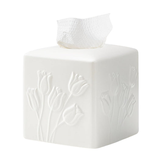 Ceramic Tulips Tissue Box Cover / White / Large