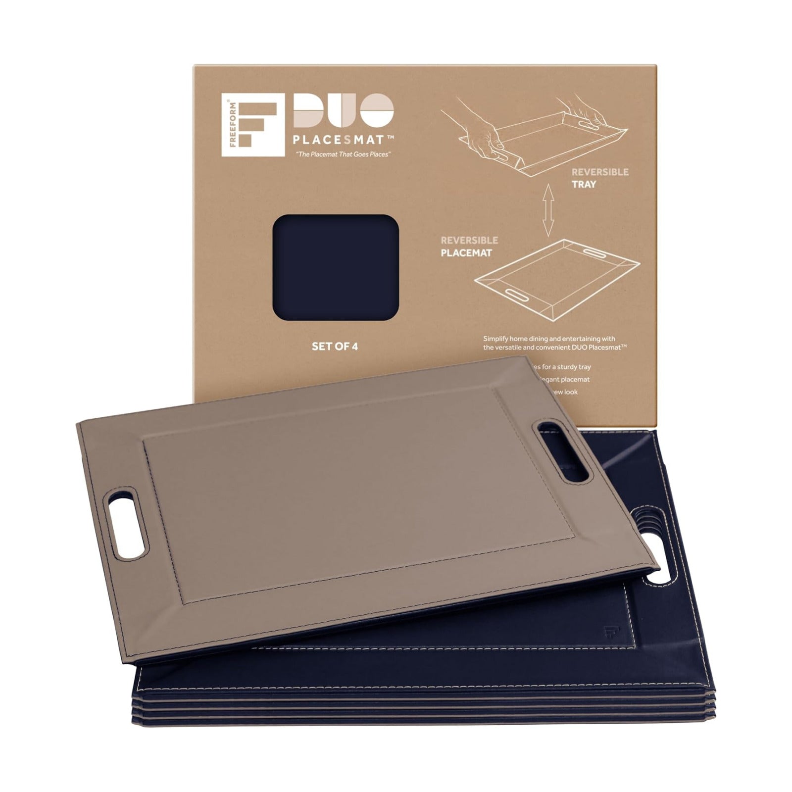 PLACEsMAT 2-in-1 Faux Leather Placemat & Serving Tray / Blue & Taupe / Set of 4