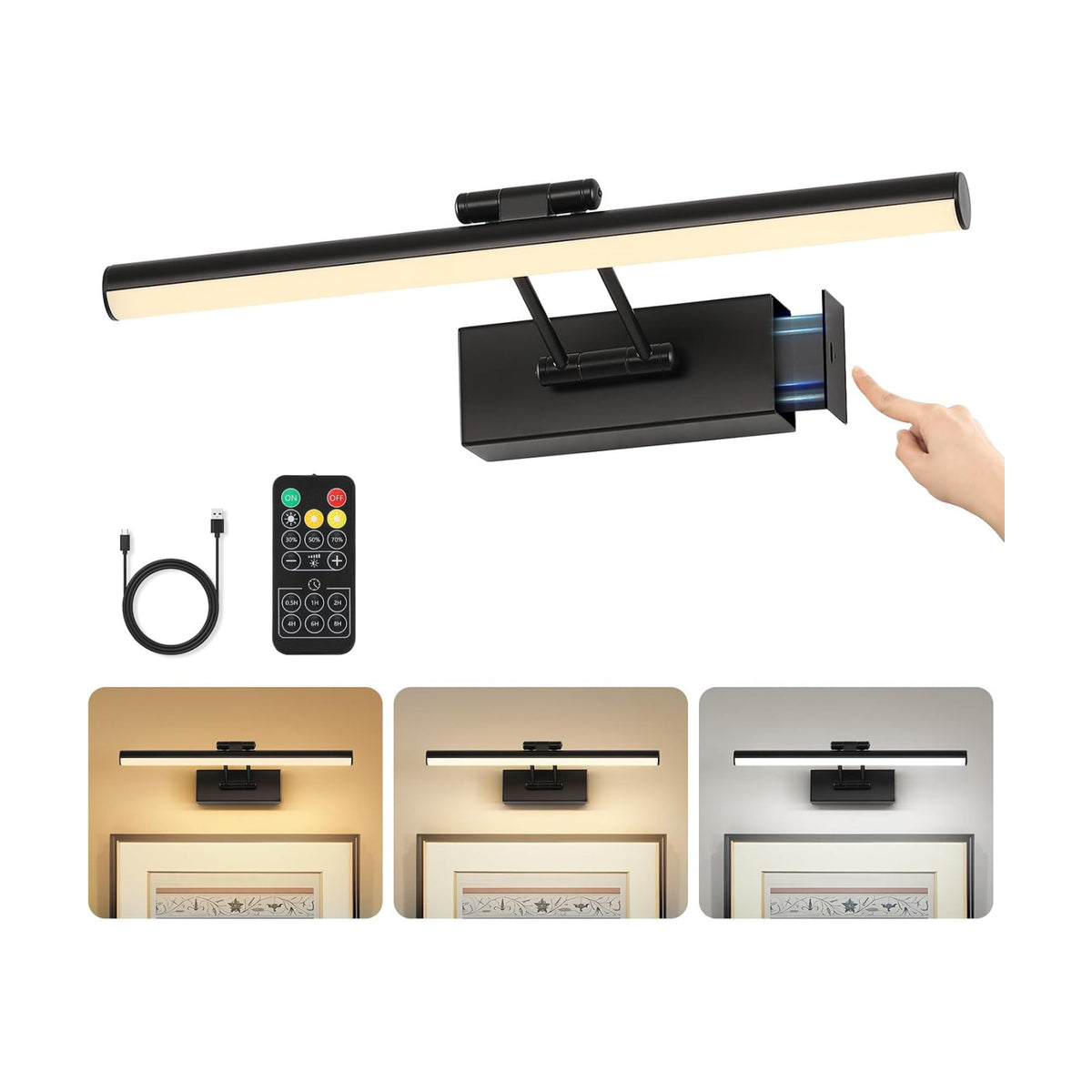 JUSHENG Picture Lights for Wall Battery Operated, Black 3CCT Dimmable Gallery Light with Detachable Battery and Timer