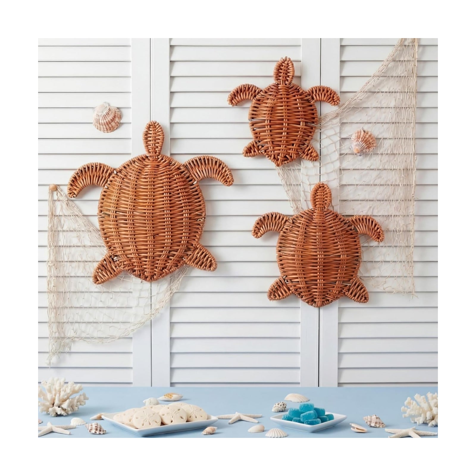 Sea Turtle Wicker Wall Decor 3 Size Handmade Coastal Summer Rattan Wall Art Decor Beach / Set of 3