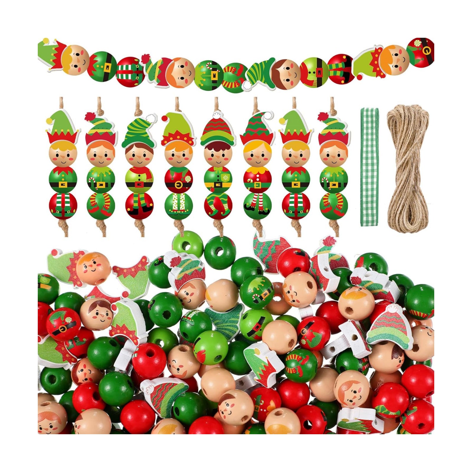 Twine Snowman Gingerbread Man Nutcracker Wooden Bead Garland / Elf / Set of 240