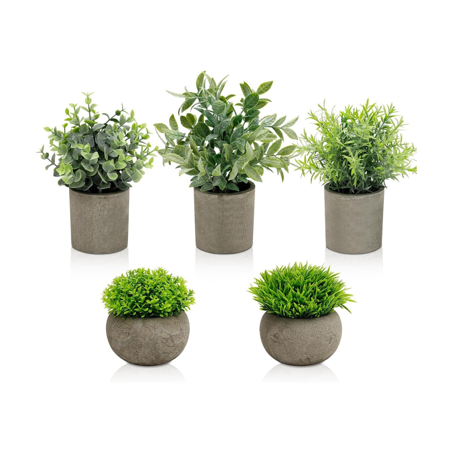 Artificial Potted Plants Faux Greenery in Cement Pots / Round Leaf & Grass Mix Set