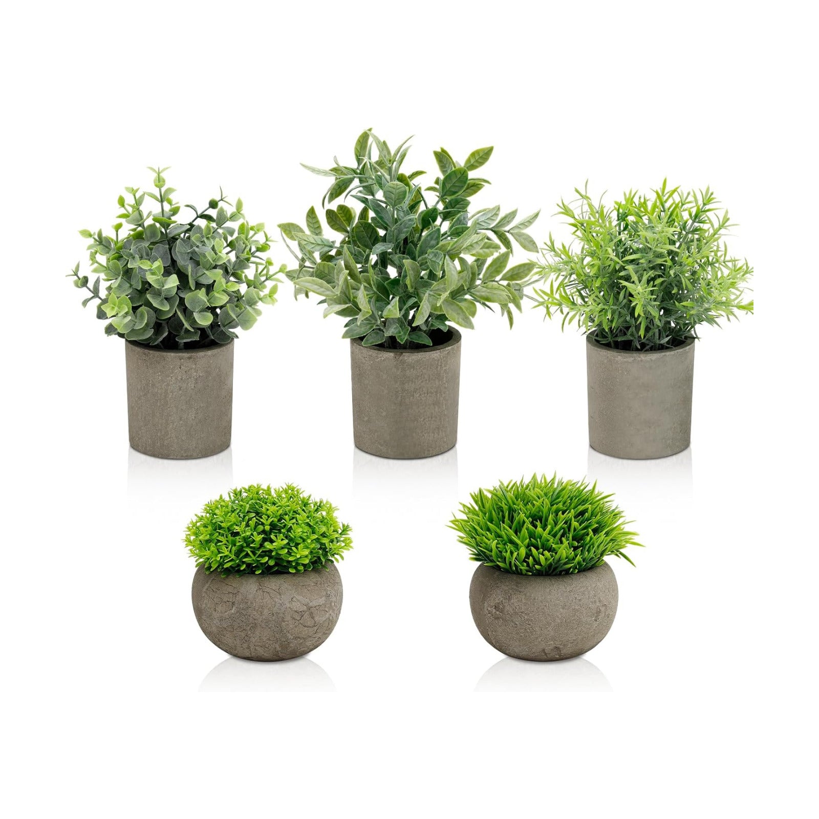 Artificial Potted Plants Faux Greenery in Cement Pots / Round Leaf & Grass Mix Set