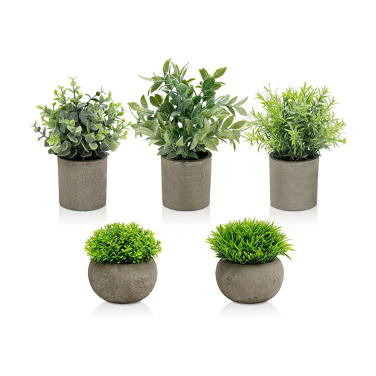 Artificial Potted Plants Faux Greenery in Cement Pots / Round Leaf & Grass Mix Set