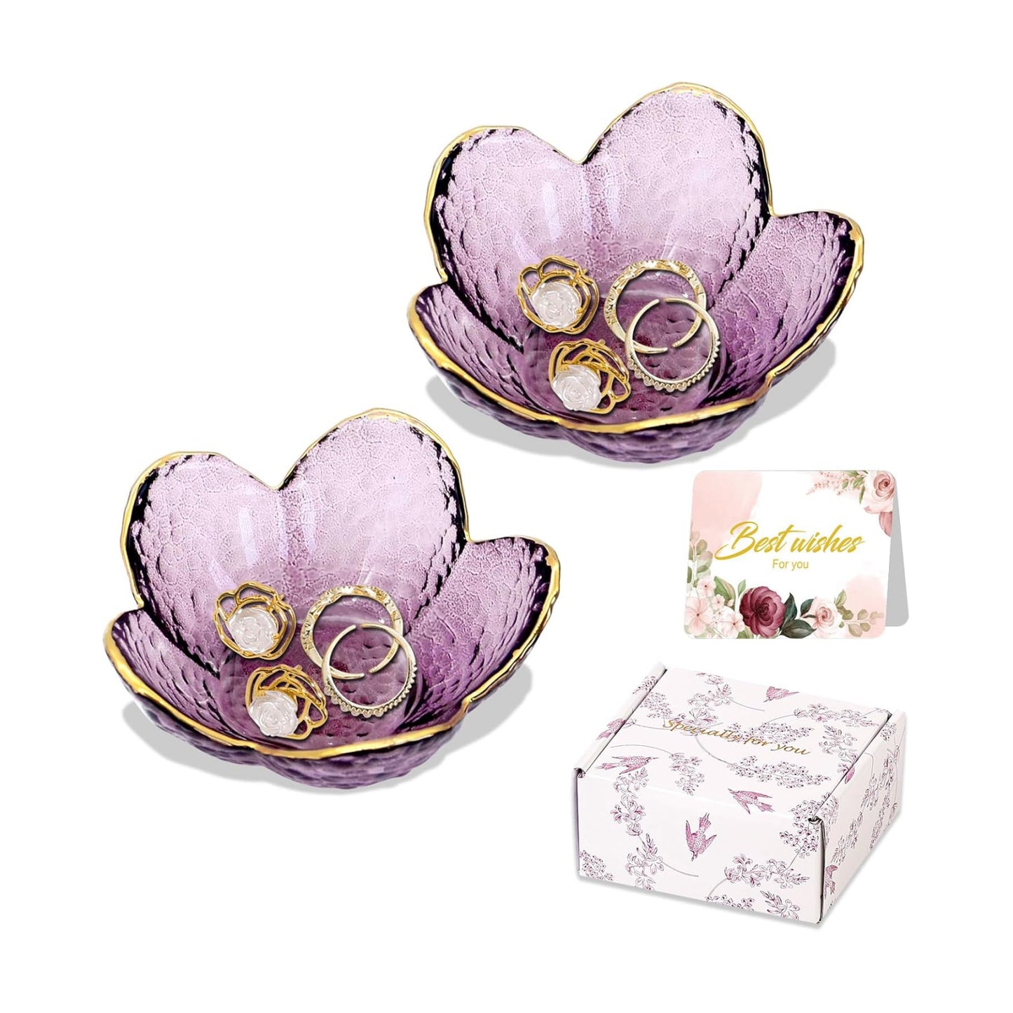 Gifts for Women Purple Flower Jewelry Dish Glass Ring Holder Decorative / Flower Purple / Set of 2