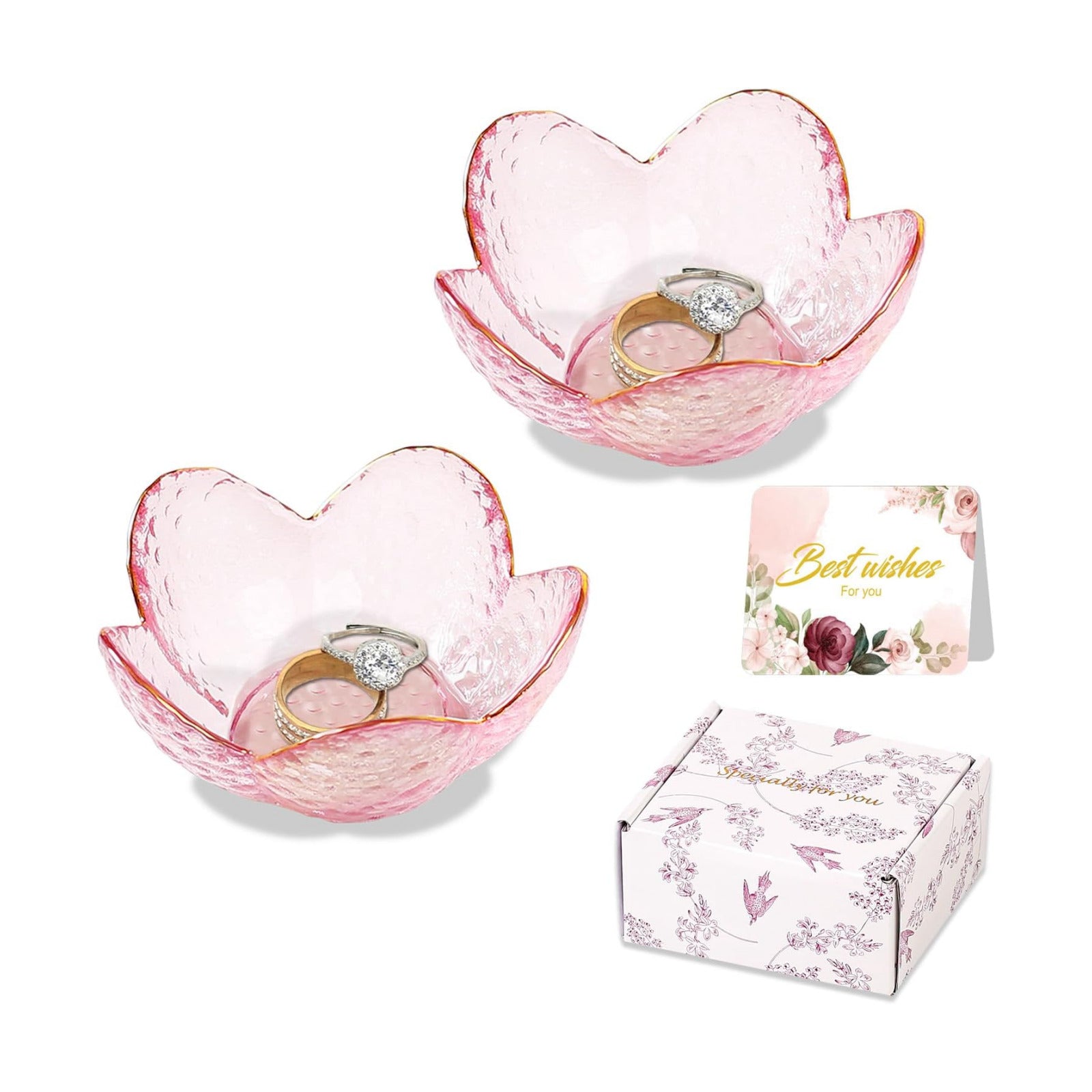 Gifts for Women Trinket Dish Flower Jewelry Dish Pink Glass Ring / Golden-edged Pink / Set of 2
