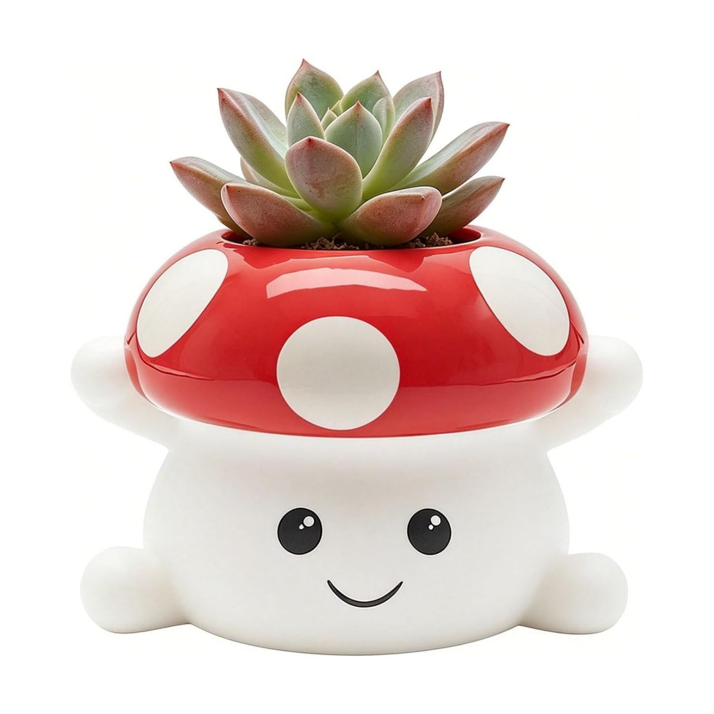 & White Mushroom Ceramic Face Planter / Red