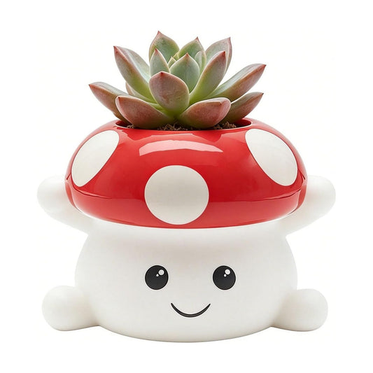 & White Mushroom Ceramic Face Planter / Red