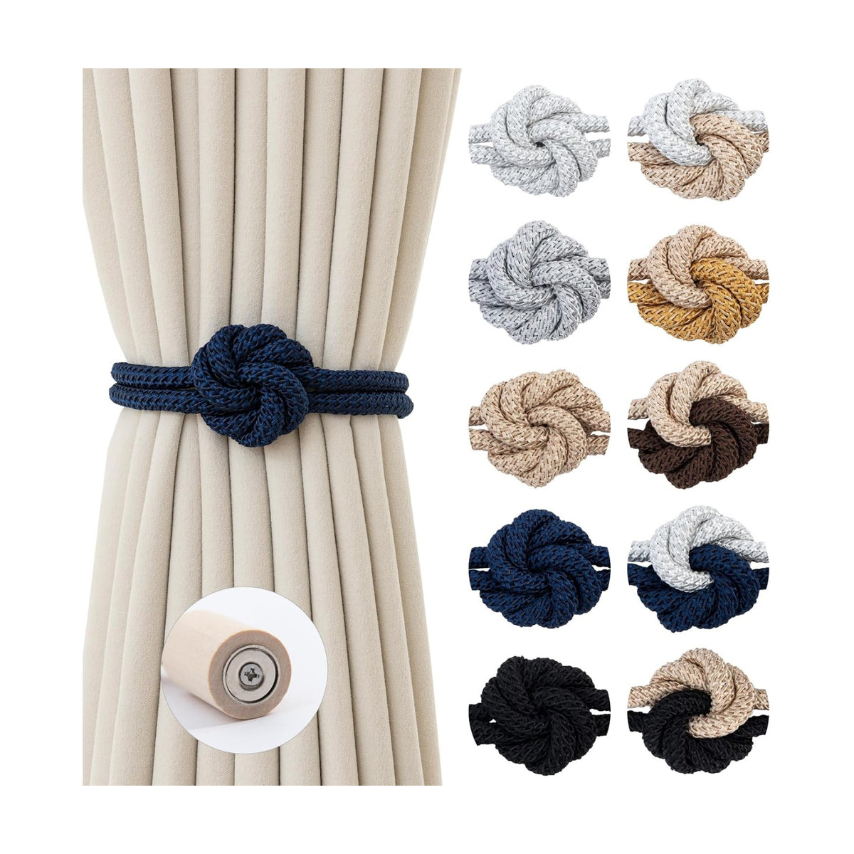 Magnetic Curtain Tiebacks Holdbacks Rope Curtain Tie Backs Outdoor Contoeey | 6 Pack Navy Wood Magnetic Curtain Holders