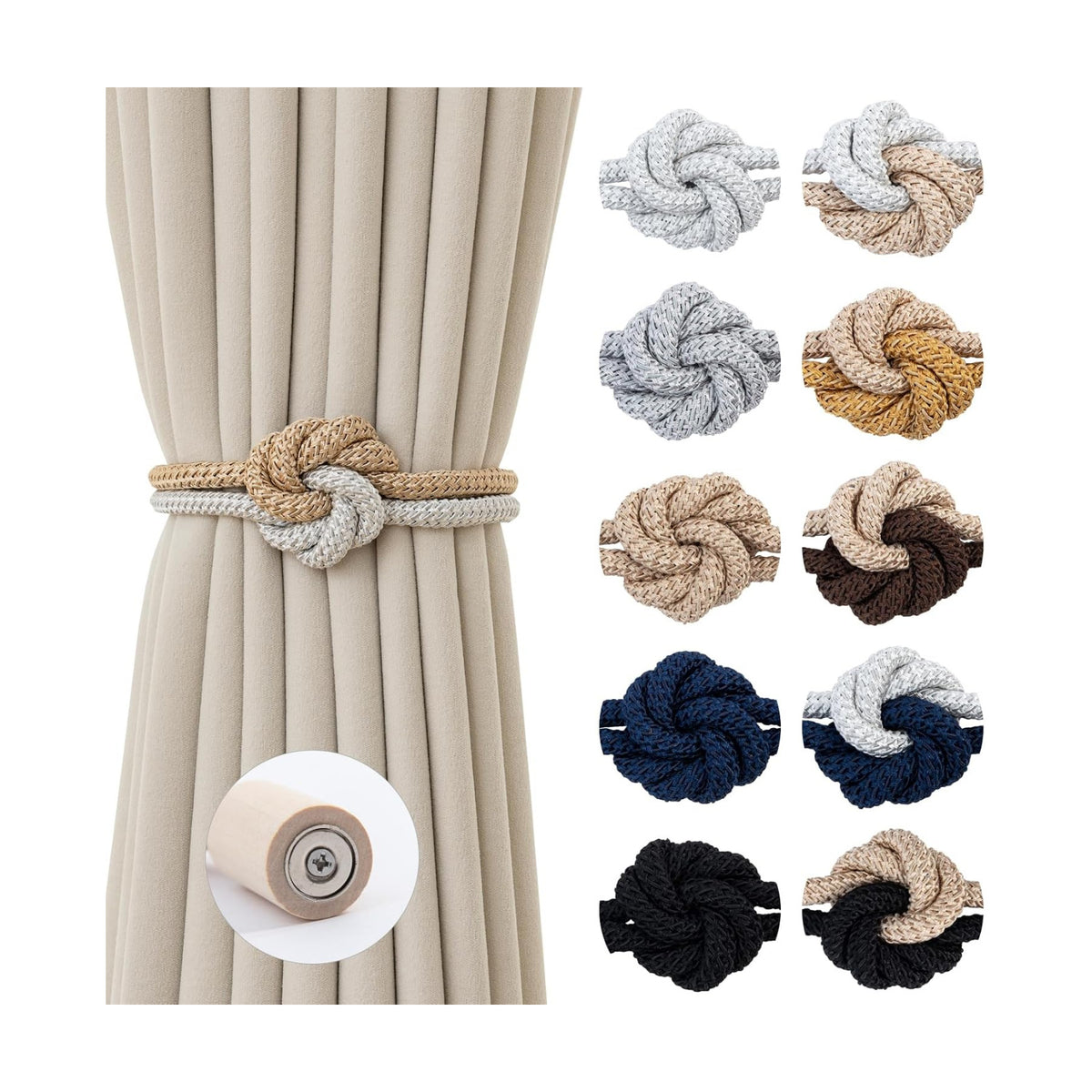 Magnetic Curtain Tiebacks Holdbacks Rope Curtain Tie Backs Outdoor Contoeey | 8 Pack Wood Magnetic Curtain Holders for