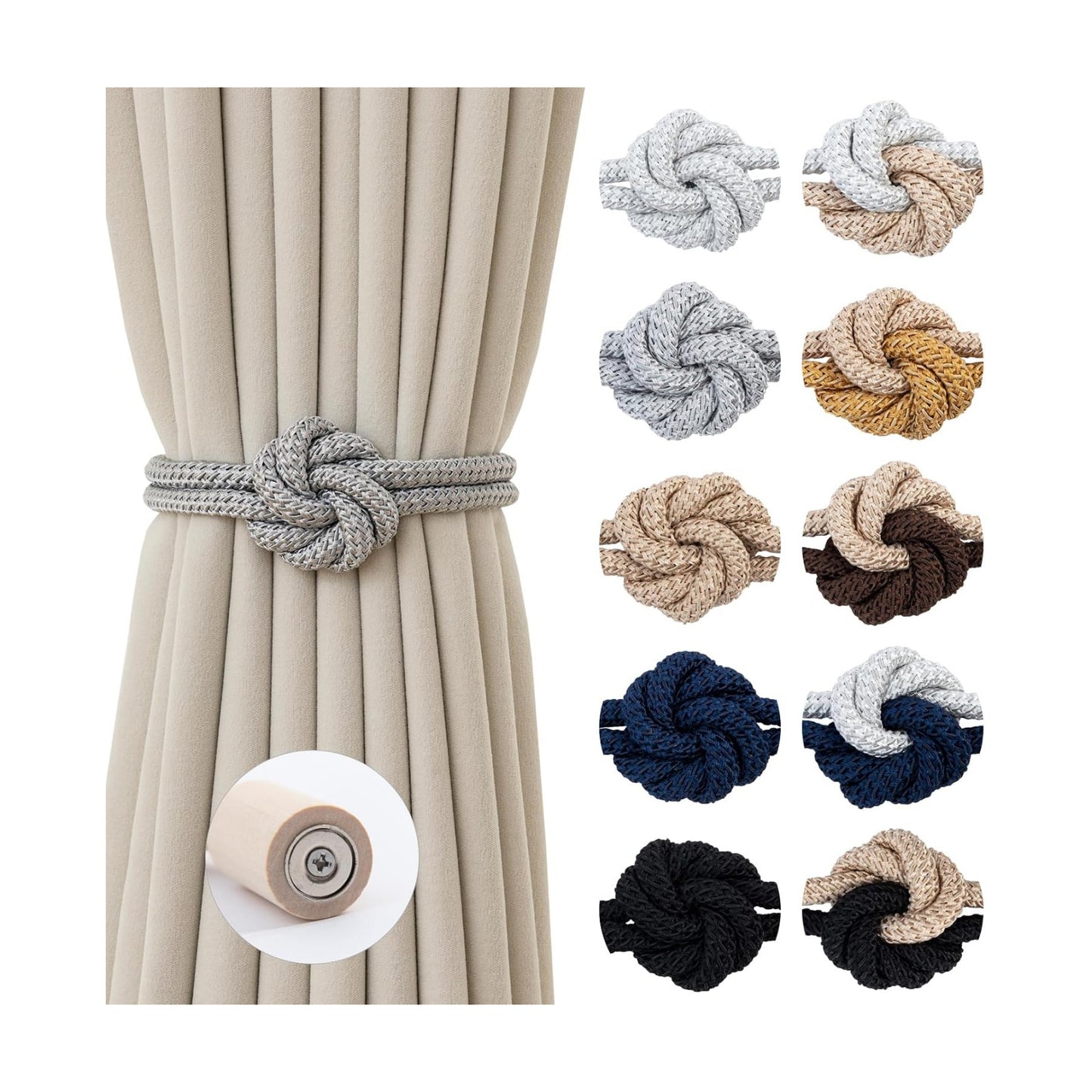 Wood Tie Backs Rope Holder / Silver / Set of 4