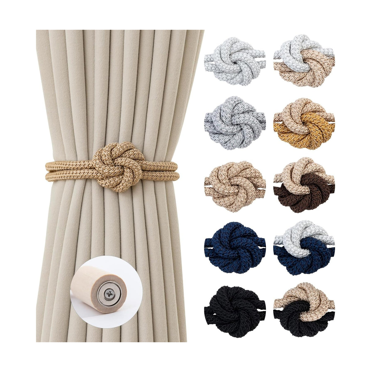 Magnetic Curtain Tiebacks Holdbacks Rope Curtain Tie Backs Outdoor Contoeey | 8 Pack Beige Wood Magnetic Curtain